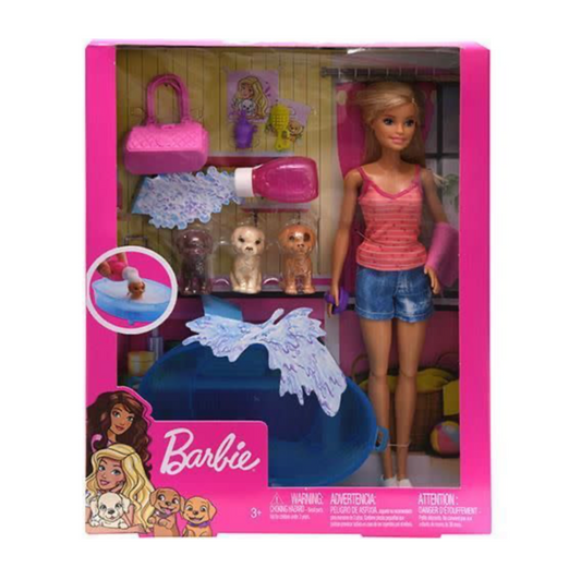 Barbie Doll And Playset With 3 Puppies, Bathtub And Accessories